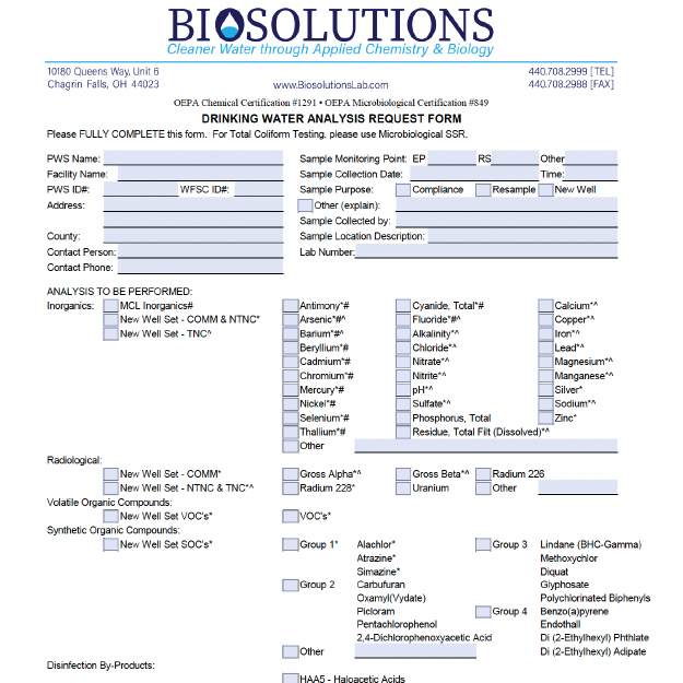 Biosolutions Drinking Water Analysis Form