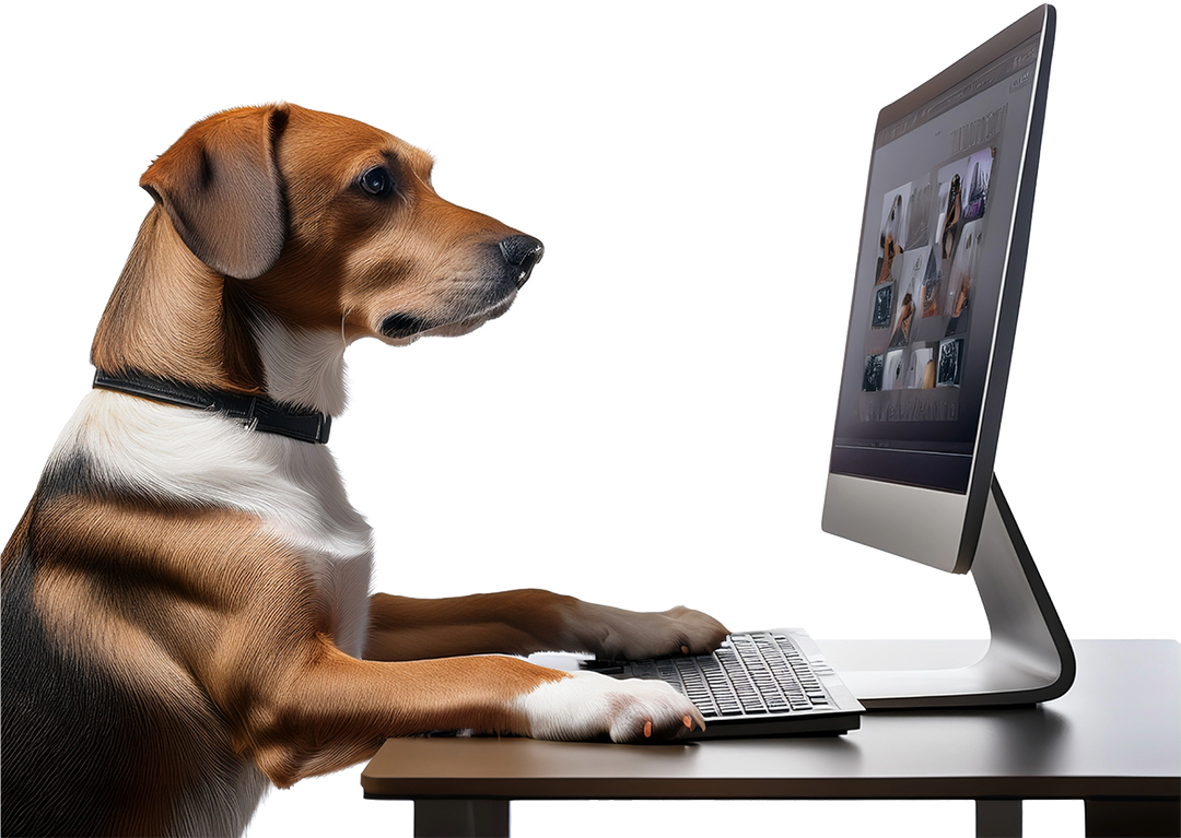 AI-generated image of a dog doing graphic design on an iMac.