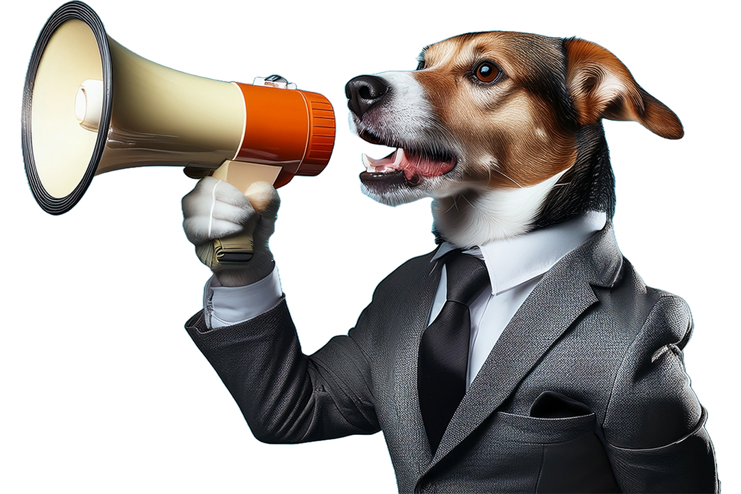 AI-generated image of a barking dog with a megaphone.