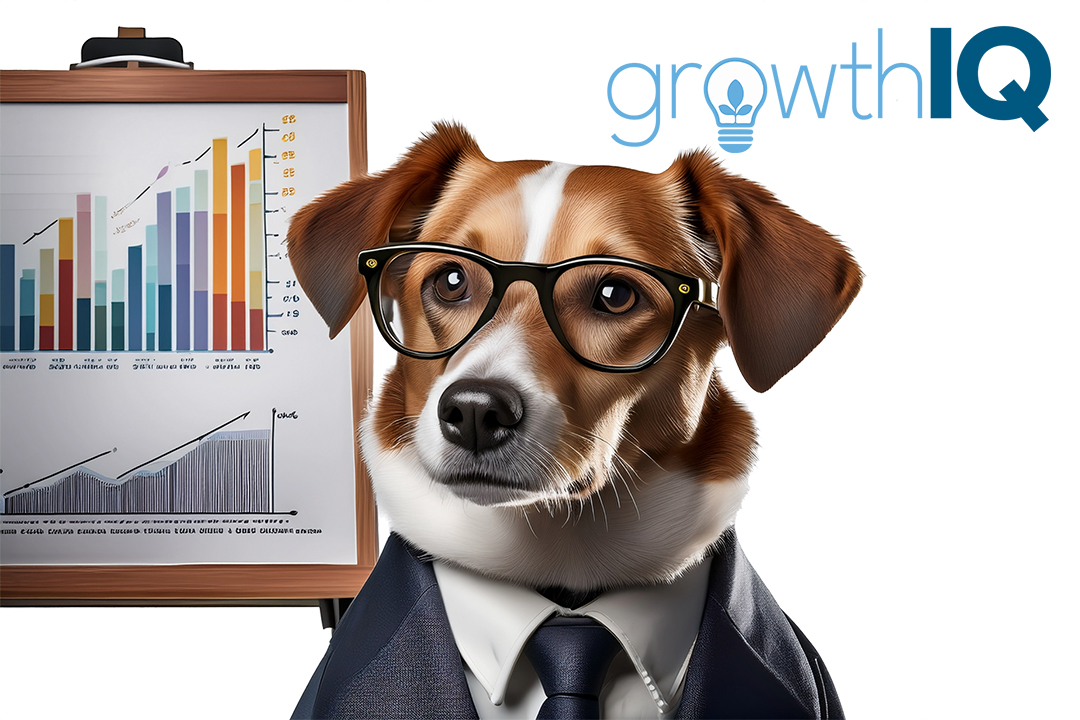 AI-generated image of a business dog in front of a white board with Muddy Dog Creative's GrowthIQ logo in the corner.
